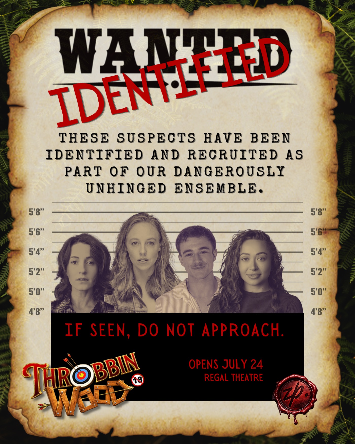 Throbbin Wood WANTED poster — four suspects of the Got-wood Forest ensemble